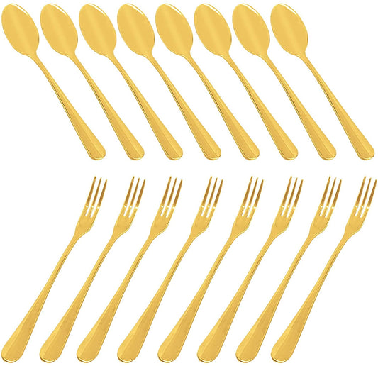 Set of 16 Gold Demitasse Espresso Spoon (4 inch) and Stainless Steel Forks (4.8 inch), DaKuan Gold Mini Coffee Spoons & Cake Forks for Dessert, Tea, Appetizer