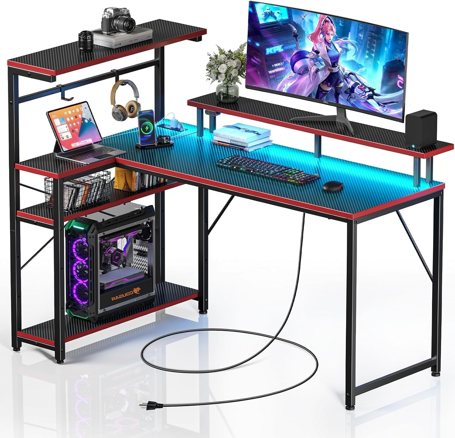 Seventable Gaming Desk with Power Outlet and LED Light, Reversible Small Desk with Monitor Stand, 4 Tiers Shelves and Hooks, 39" L Shaped Computer Desk for Living Room and Bedroom, Carbon Fiber Black