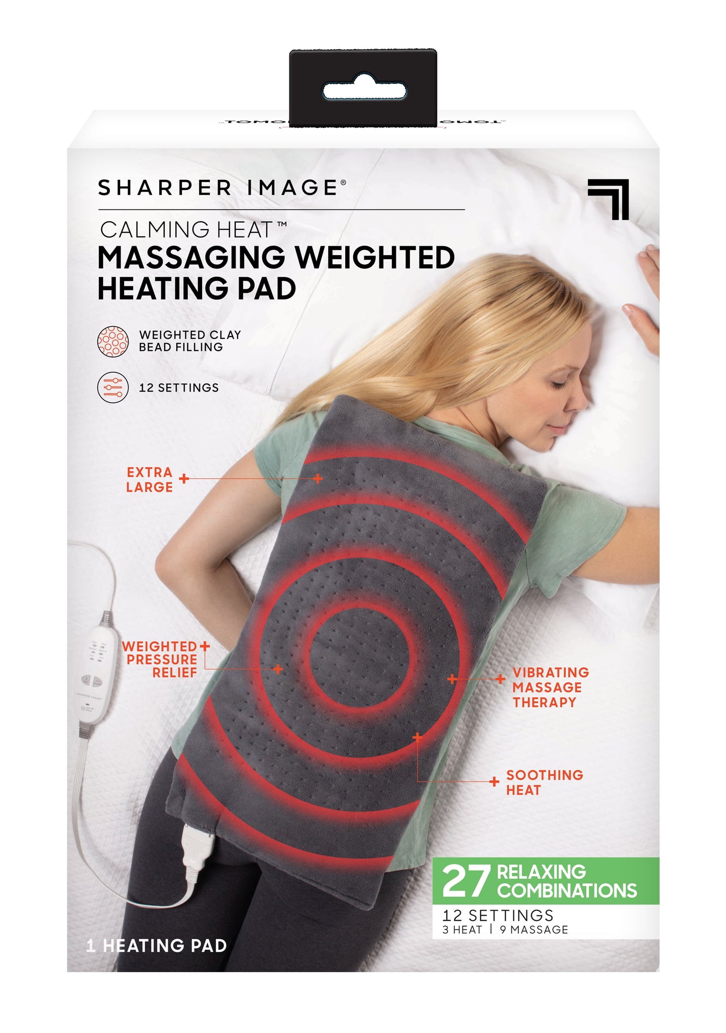 Sharper Image Calming Heat Massaging Weighted Pad with 12 Settings, Grey