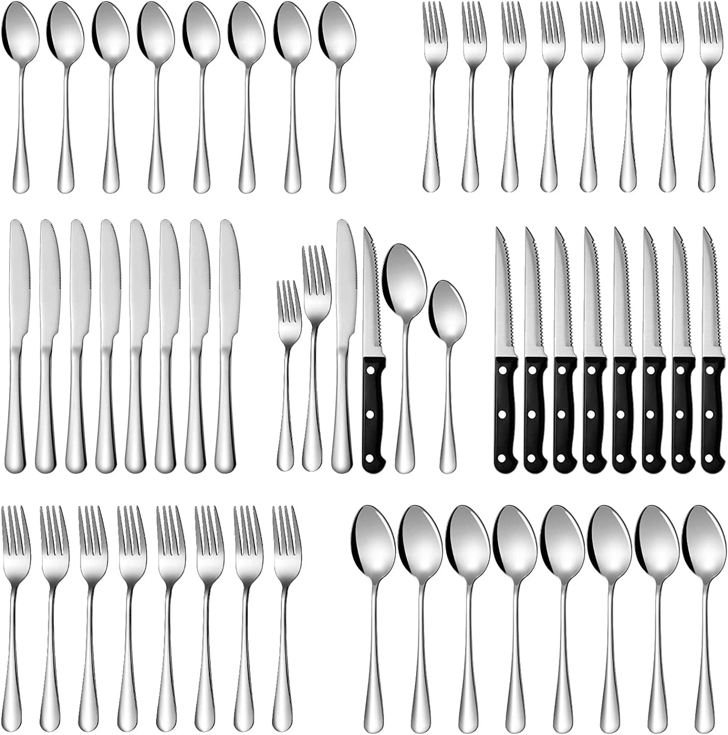 Silverware Set, 48 Piece Stainless Steel Flatware Cutlery Set Service for 8, Include Knife Fork Spoon, Stylish Mirror Finish, Dishwasher Safe Perfect for Home Kitchen Restaurant, Silver