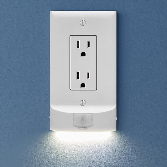 Single, SnapPower MotionLight [FOR STANDARD OUTLETS] - Motion Detecting LED Night Lights Built-In to Wall Plate - Bright/Dim/Off Options - Automatically On/Off Sensor - (White, Decor)