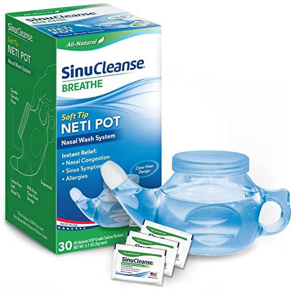 SinuCleanse Soft Tip Neti-Pot Nasal Wash Irrigation System for nasal congestion relief symptoms due to cold, flu and allergies, Pre-Mixed Buffered Saline Packets,Blue, 31 Piece Set