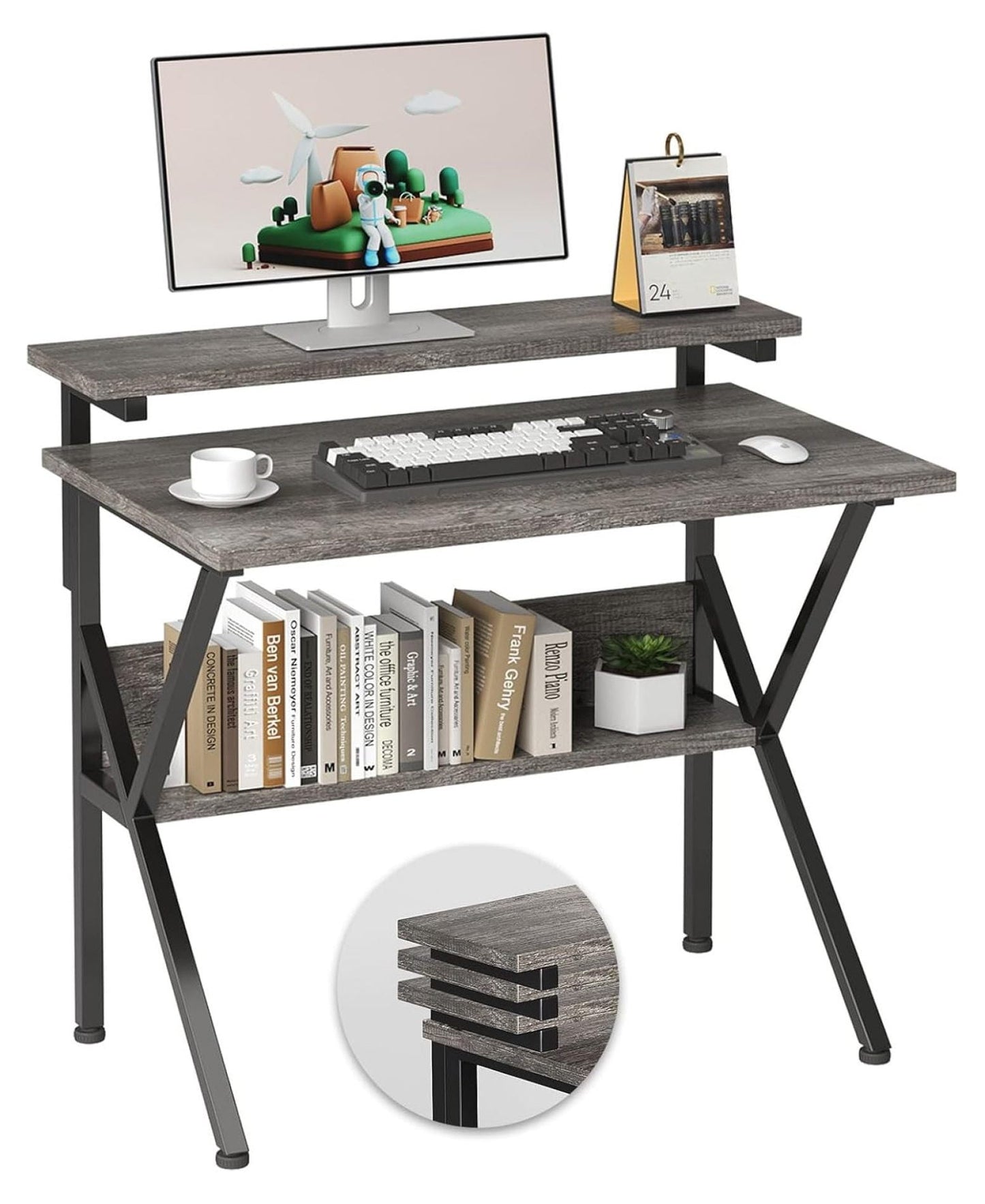 Small Desk, Small Computer Desk for Small Spaces, 27.5 Inch Computer Desk with Adjustable Monitor Stand, Compact Desk with Storage, Tiny Desk Study Desk for Bedroom Home Office, Grey