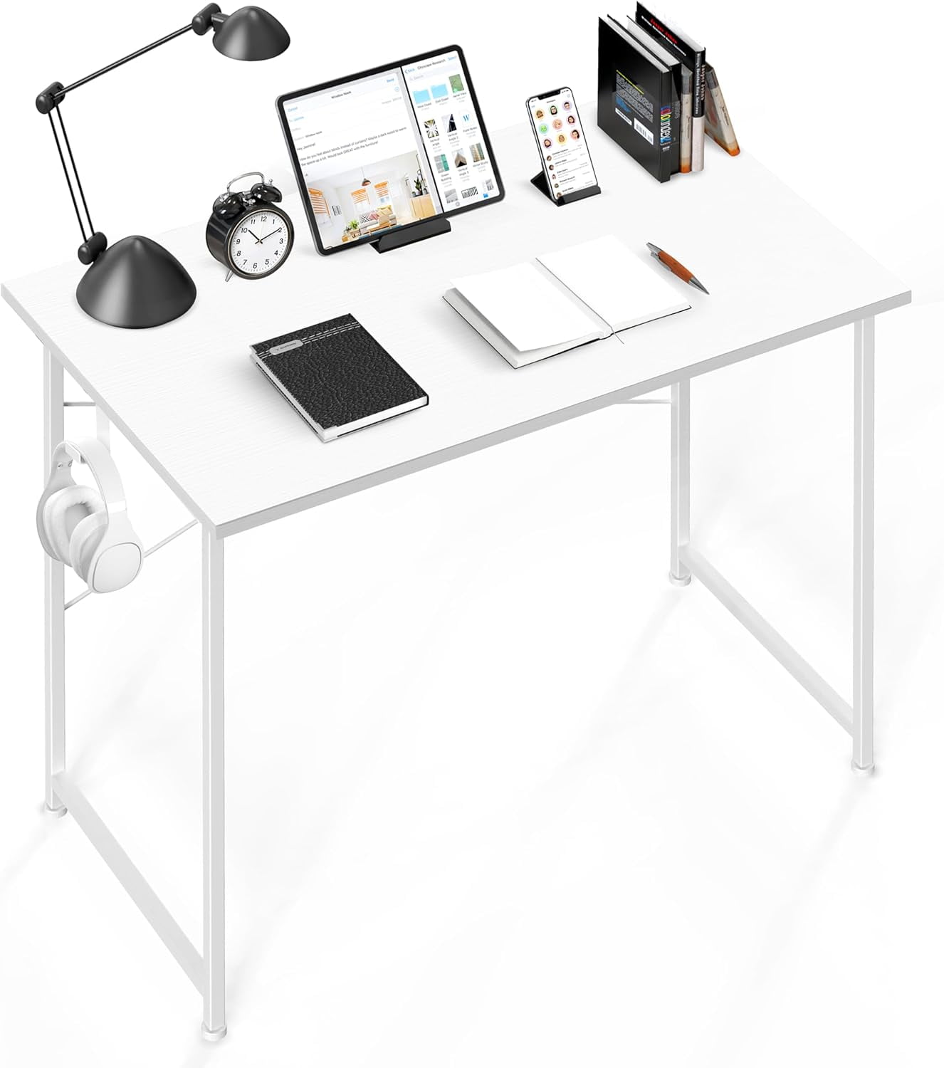 Small Space Writing Desk with Headphone Hooks Modern Simple Design, Suitable for Study, Home Office and Children's Room, 40 Inch, Basic White