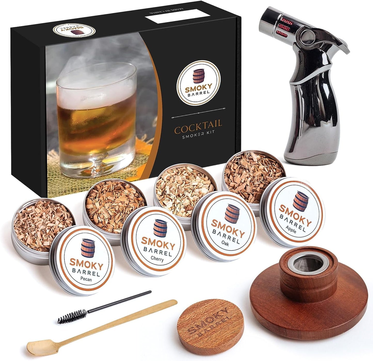 Smoky Barrel Cocktail Smoker Kit with Torch, 4 Wood Chips, & Infuser Top for Whiskey