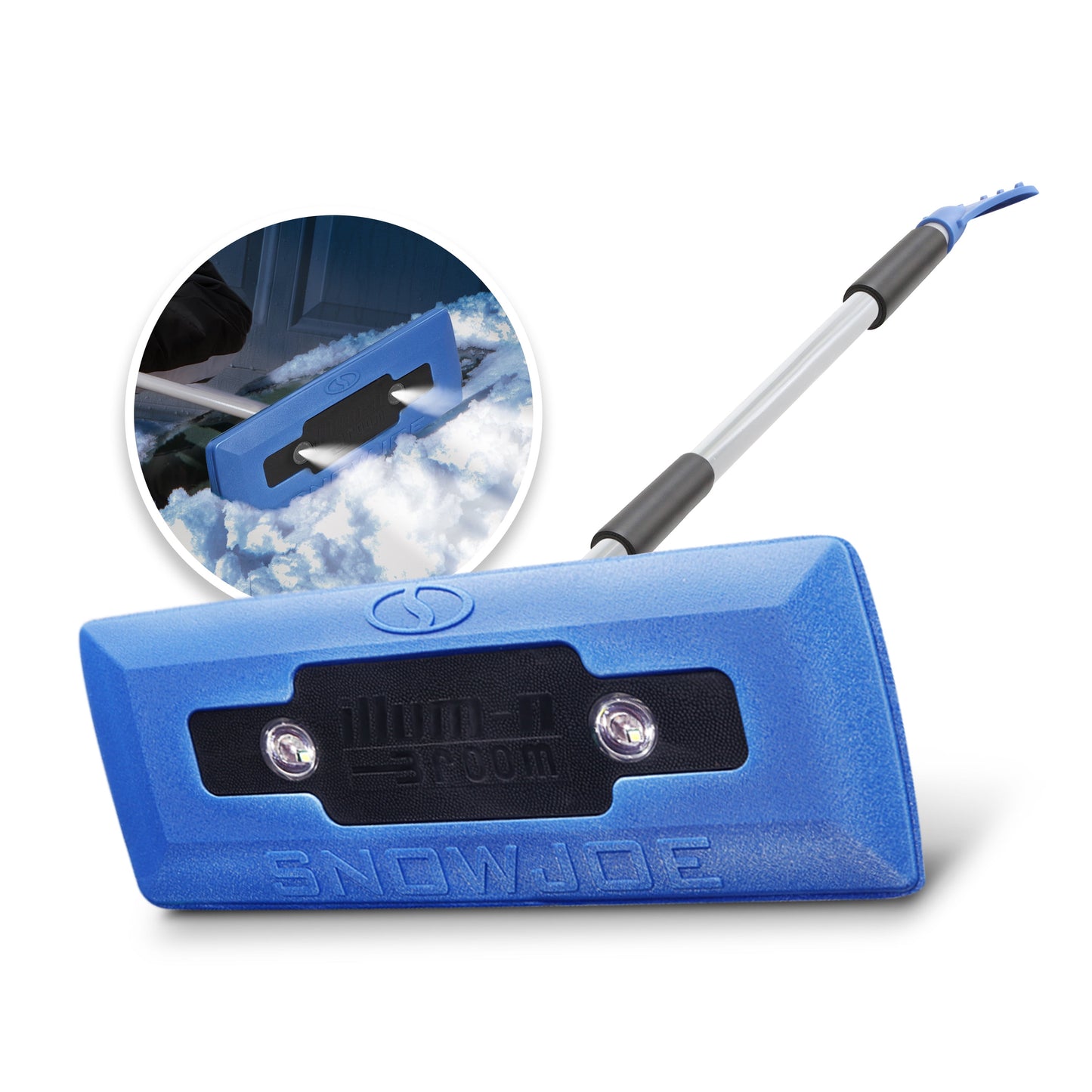 Snow Joe 4-in-1 Telescoping Snow Broom + Ice Scraper, LED Lights, 18" x 7" Foam Head - Blue