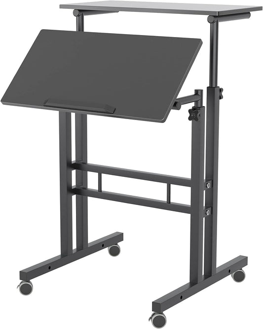 Soges 2-Tier Computer Desk with Wheels Height Adjustable Sit to Stand Desk Home Snack Side Table with Castors Mobile Standing Desk, Black