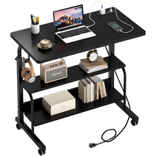 Soges 31.5" Height Adjustable Computer Desk with Charging Station, Adjustable Side Table Movable Laptop Desk with 2 Storage Shelves, Adjustable Desk on Wheels for Home Office, Sofa, Bed, Black