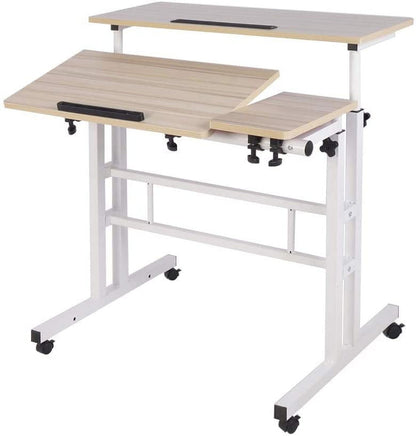 Soges Height Adjustable Computer Desk Sit Stand Workstation Mobile Standing Desk with Wheels, Standing Side Table with Castors, Maple