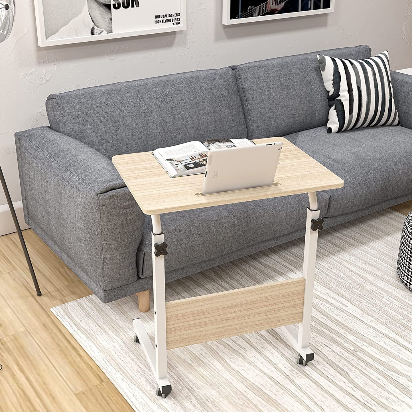 SogesPower Side Table with Wheels, End Table for Living Room Bedroom, Snack Side Table with Castors, Portable Mobile C Shaped End Table Easy to Assemble for Laptop, 23.6" Maple