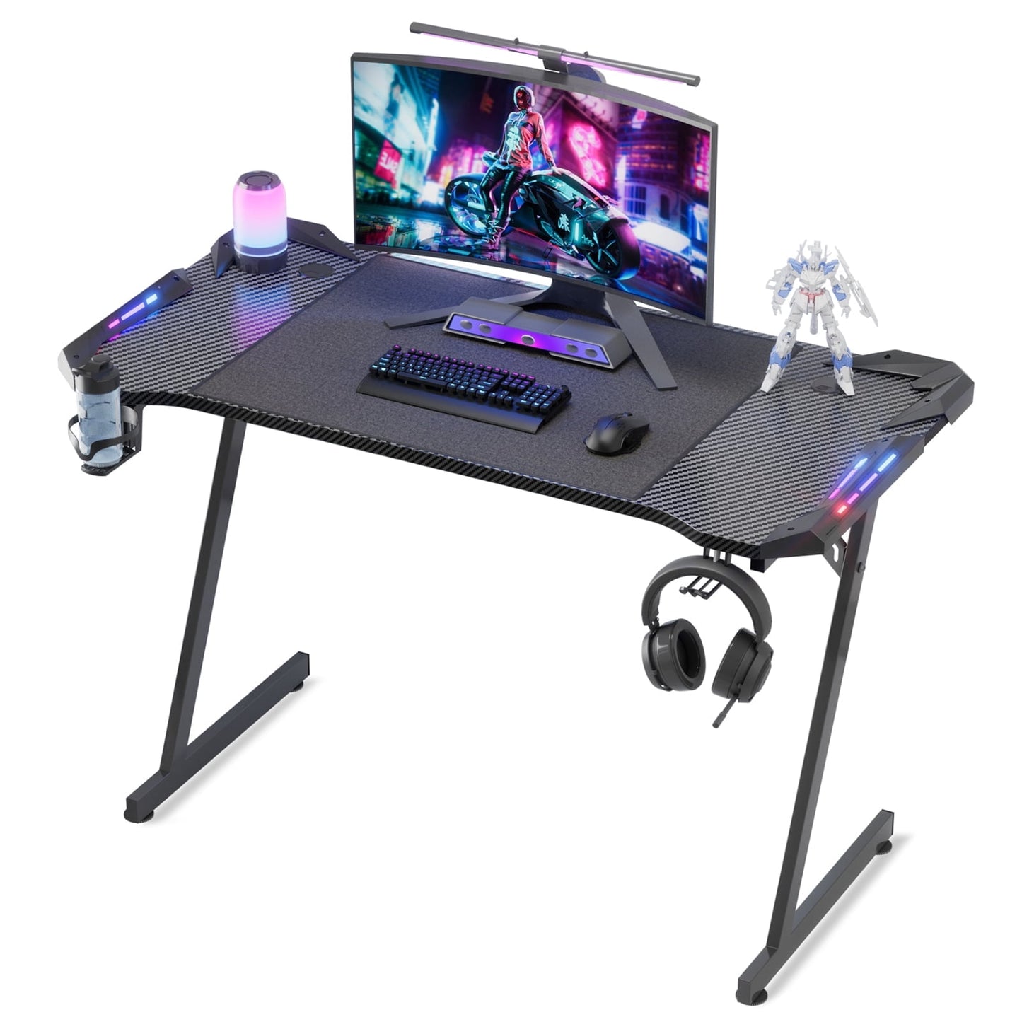 Soontrans 47" Gaming Desk with LED Lights, Z Shaped Gaming Table Computer Desk Carbon Fibre Surface, Home Office Desks PC Gamer Workstations with Cup Holder & Headphone Hook, Black