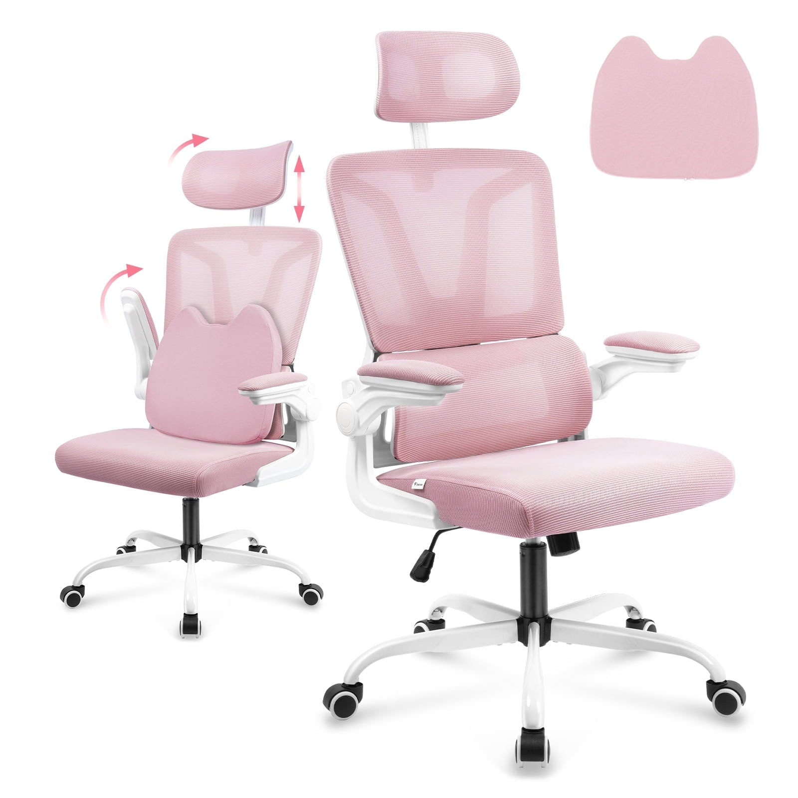 Soontrans Ergonomic High Back Office Chair, Mesh Computer Desk Chair with Lumbar Support Flip-up Armrests, Adjustable Arms & Headrest, Pink