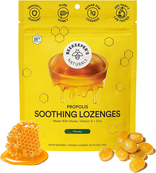 Soothing Honey Cough Drops - Immune Support with Vitamin D, Zinc and Propolis - by Beekeeper's Naturals - Throat Soothing Lozenges, 14 Ct