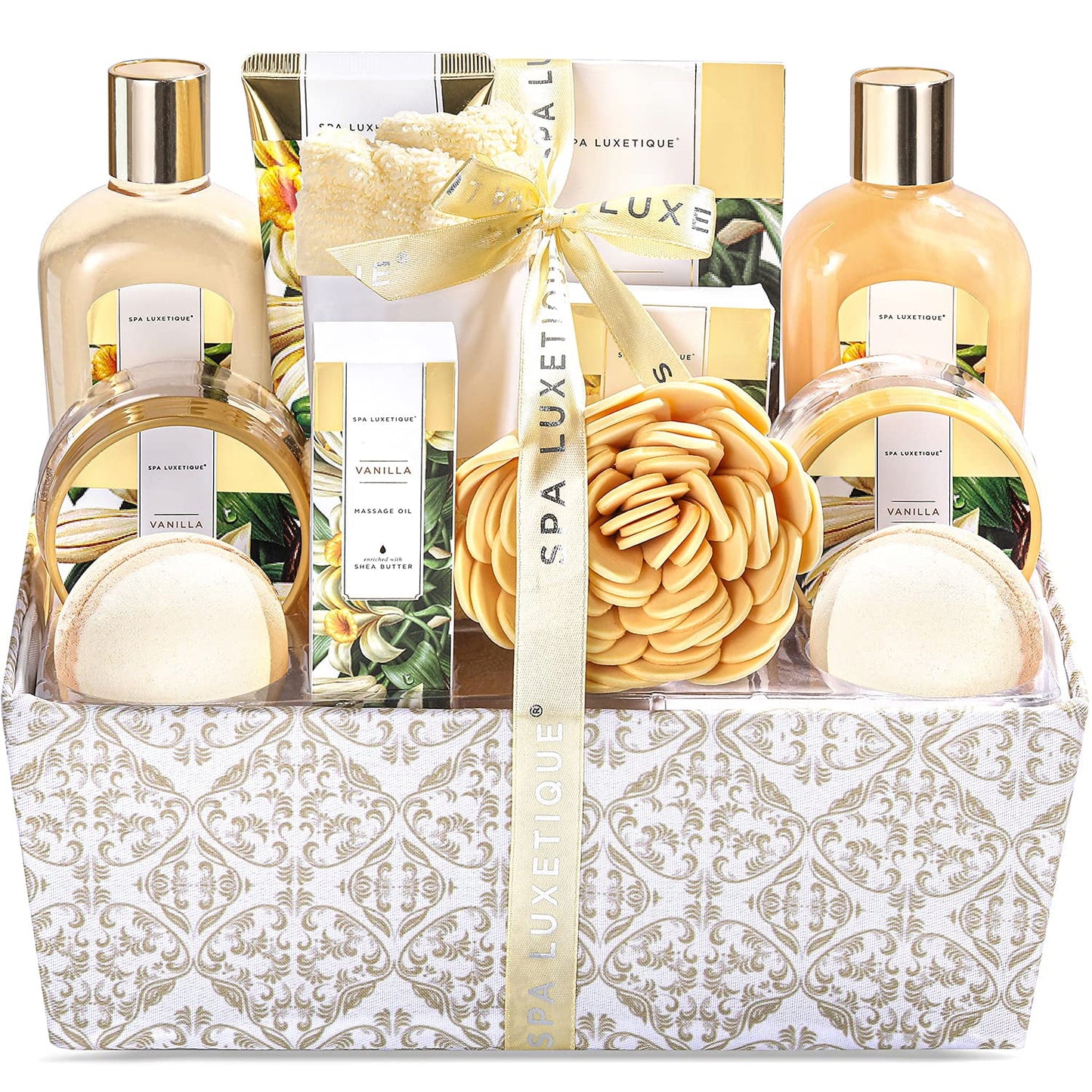 Spa Luxetique Gift Sets for Women Relaxing - 12 Pcs Vanilla Luxury Bath Baskets, Beauty Holiday Birthday Gifts for Her