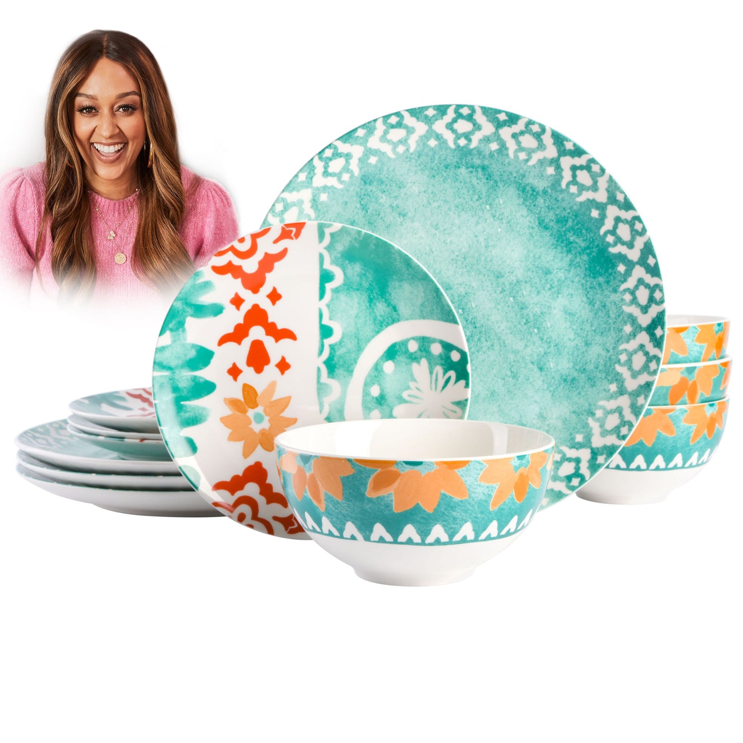 Spice By Tia Mowry - Savory Saffron 12-Piece Teal Fine Ceramic Dinnerware Set