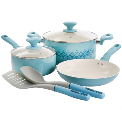 Spice by Tia Mowry Savory Saffron 7 Piece Ceramic Nonstick Aluminum Cookware Set with Nylon Utensils in Teal