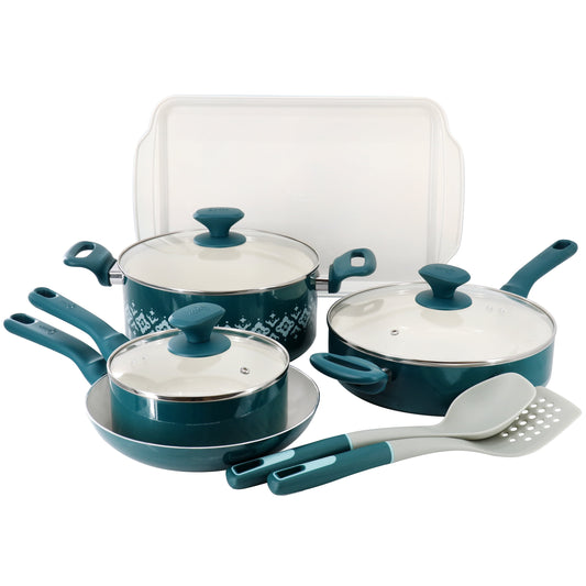 Spice by Tia Mowry - Tia's Healthy Nonstick Ceramic 10-Piece Teal Aluminum Cookware Set