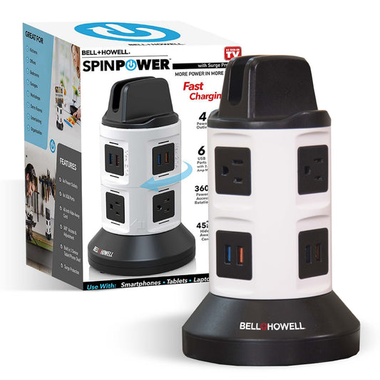 Spin Power Smart Charging Station, Multi Outlet including USB Ports and 7 Ft. retractable Cord