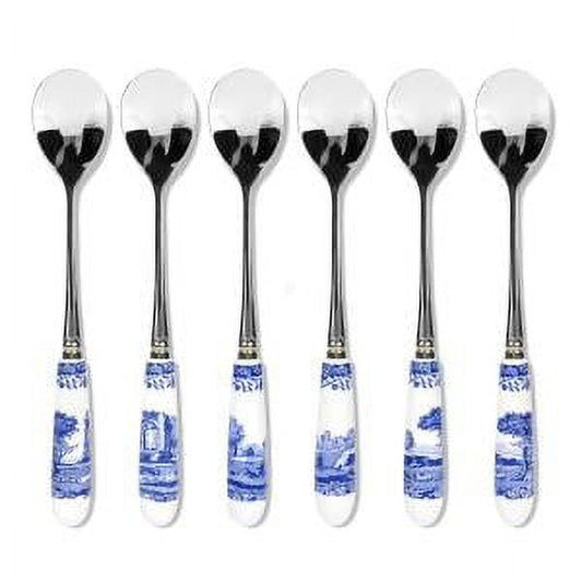 Spode Blue Italian Collection 6 in Teaspoons, Set of 6, Made of Stainless Steel, with Porcelain Handles