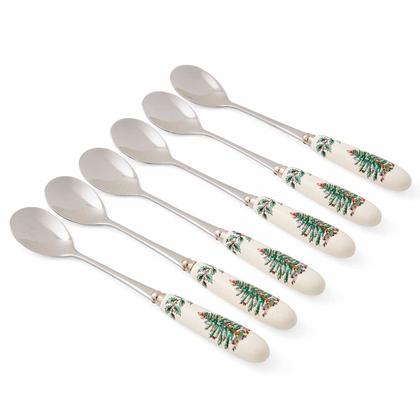 Portmeirion Christmas Tree Teaspoons - Set of 6, Holiday Silverware for Desserts and Beverages, Stainless Steel Flatware with Porcelain Handles, 6-Inch Festive Dessert Spoons, Gift-Boxed