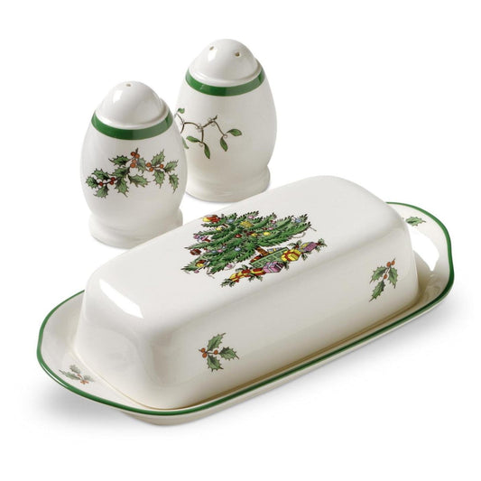 Spode Christmas Tree 3-Piece Hostess Set - Butter Dish with Lid, Salt Shaker, Pepper Shaker - Festive Earthenware for Christmas, Hanukkah, Holiday Entertaining - Dishwasher Safe Collectible Gift Set