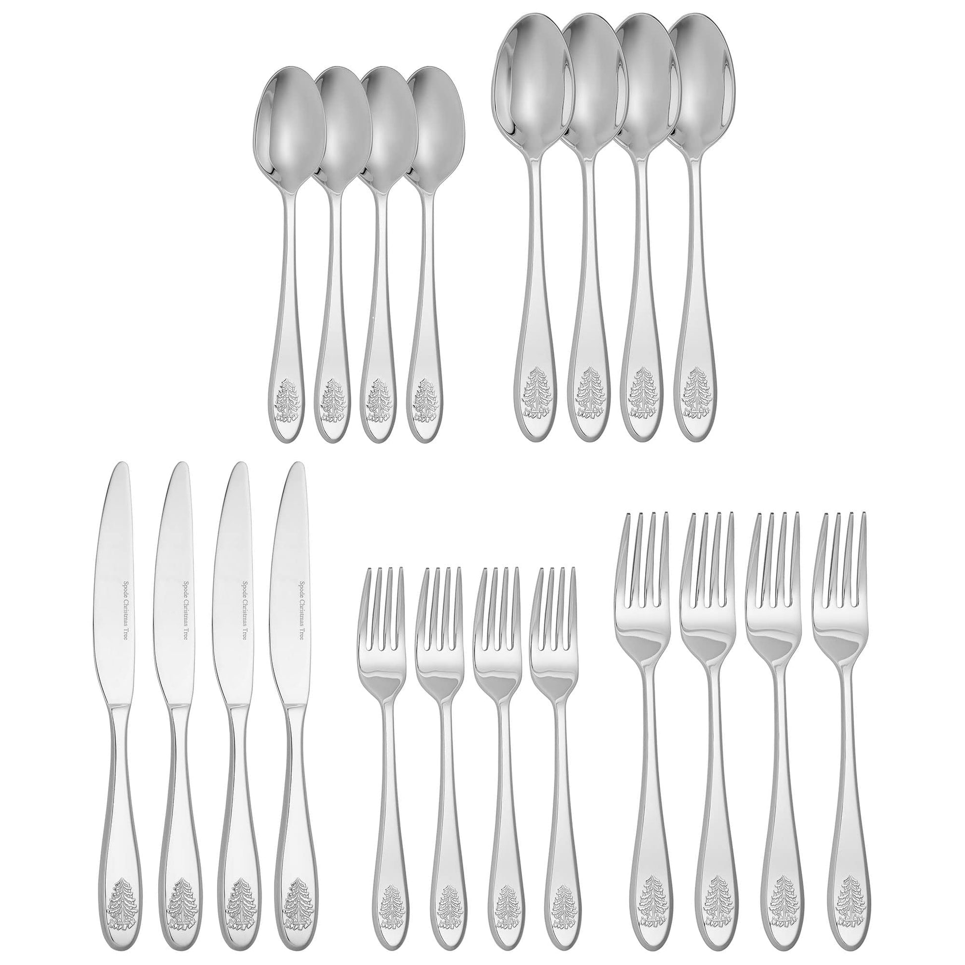 Spode Christmas Tree Collection 20-Piece Stainless Steel Flatware Set - Holiday Cutlery Set - Dishwasher Safe Silverware - 4 Dinner Forks, Salad Forks, Dinner Knives, Tablespoons, Teaspoons