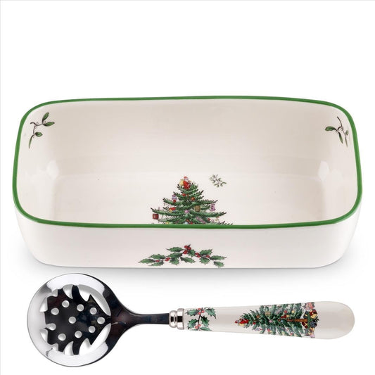 Spode Christmas Tree Cranberry Sauce Serving Dish with Slotted Spoon (8"x 4.25") - Rectangular Holiday Server with Holiday Motif - Dishwasher, Microwave, Freezer Safe Serveware for Entertaining