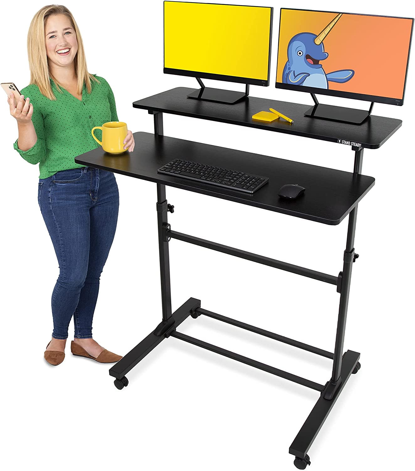 Stand Steady Tranzendesk | Height Adjustable Mobile Teacher Desk | Mobile Standing Desk with Shelf | Two Level Portable Workstation | Stand Up Desk for School, Office & Presentations (Black/40x28")