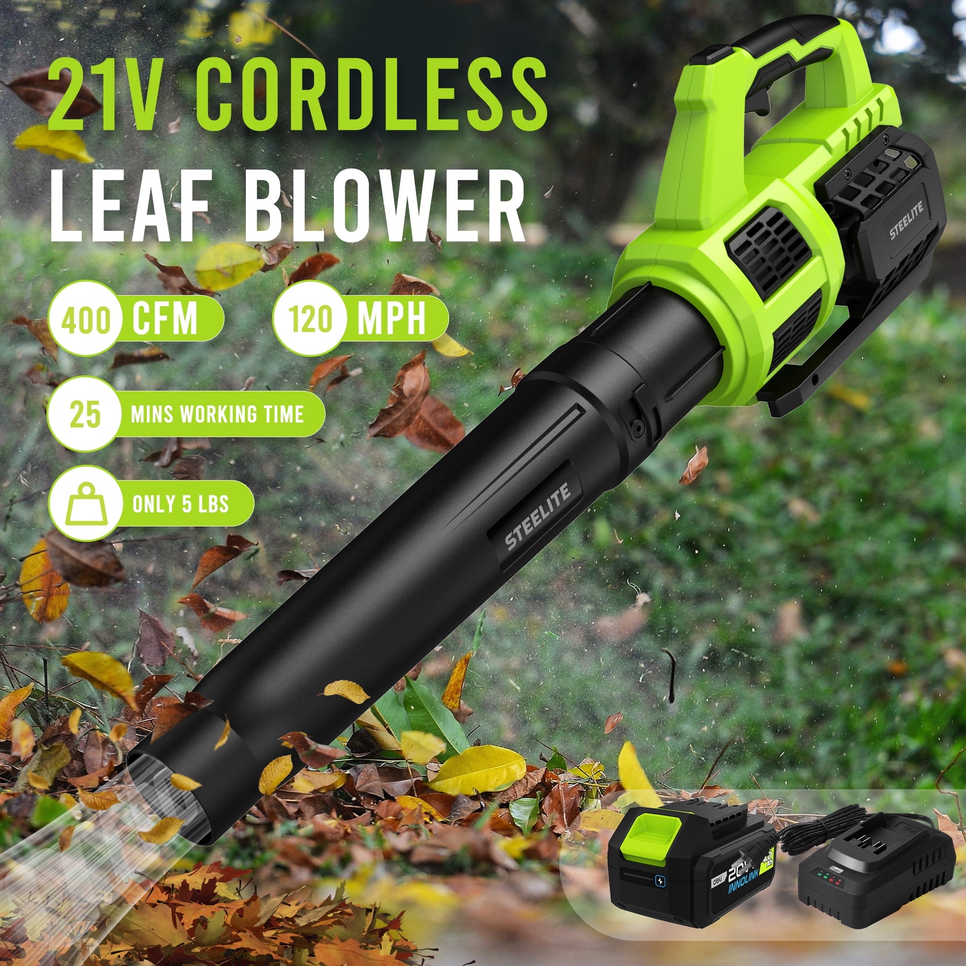 Steelite 21V Cordless Leaf Blower,120 MPH 400 CFM,Electric Lightweight Blower with 4.0Ah Battery Pack and Charger,for Lawn Care, Patio Cleaning, Blowing Leaves and Dust