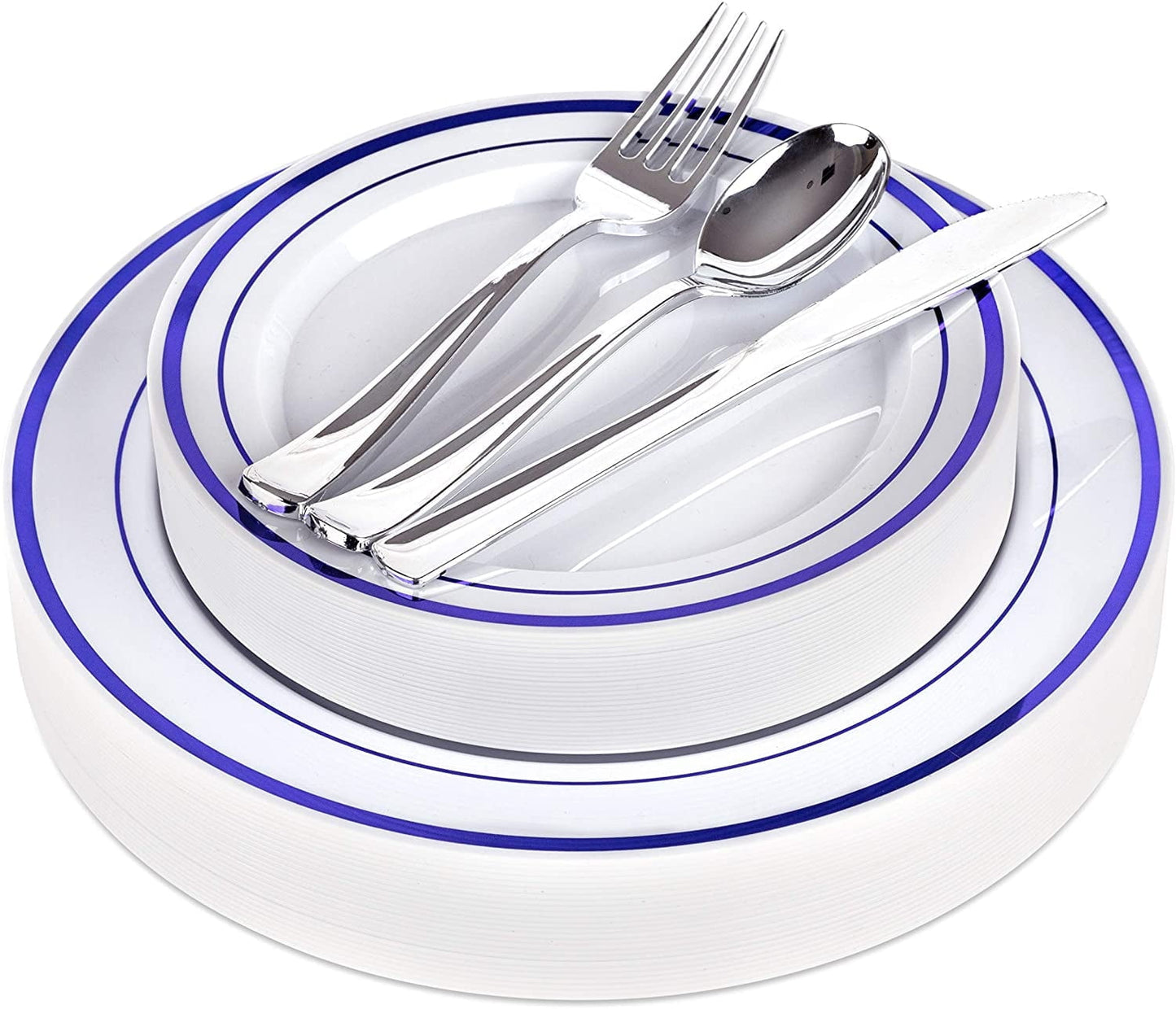 Stock Your Home Fancy Disposable Plates with Cutlery - 125 Piece (Blue Rim)