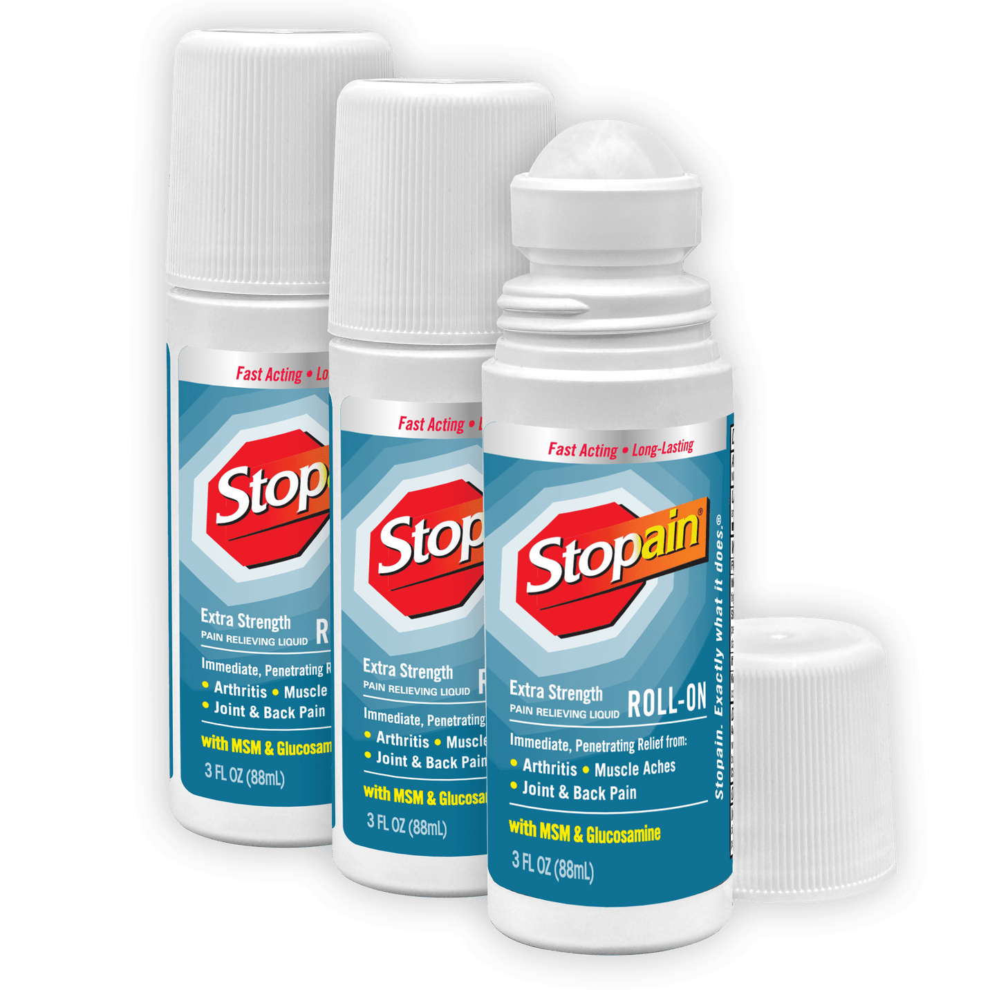 Stopain Pain Relief Roll On Gel 3oz (3 Pack) USA Made, Max Strength Fast Acting With Glucosamine, Menthol For Arthritis, Lower Back Sciatica, Knee, Neck, HSA FSA Approved Topical Analgesic Products