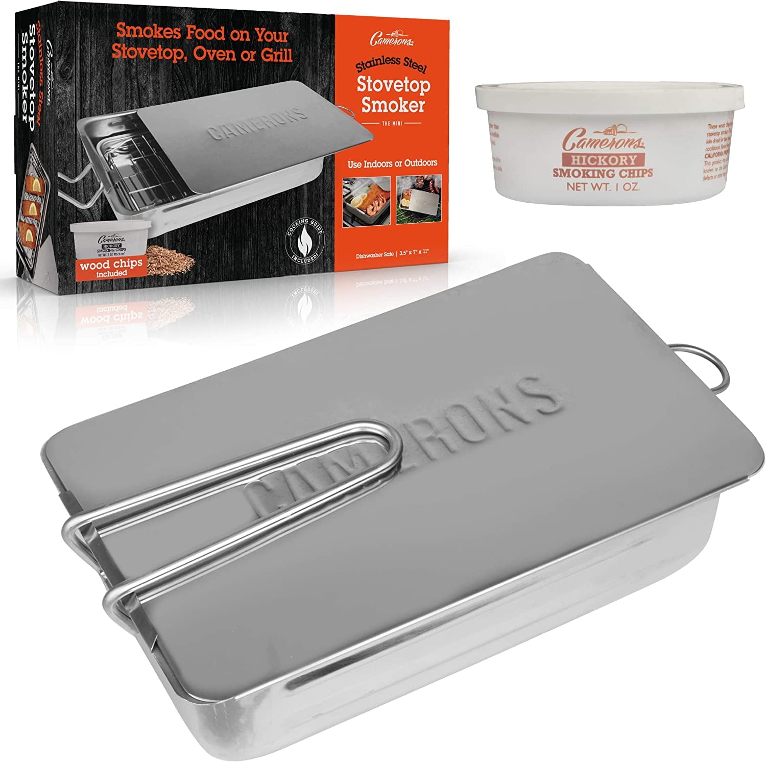 Stovetop Smoker - Gourmet Mini (7” x 11” x 3.5”) Stainless Steel Smoking Box with Wood Chip Sample - Works Over Any Heat Source, Indoor or Outdoor