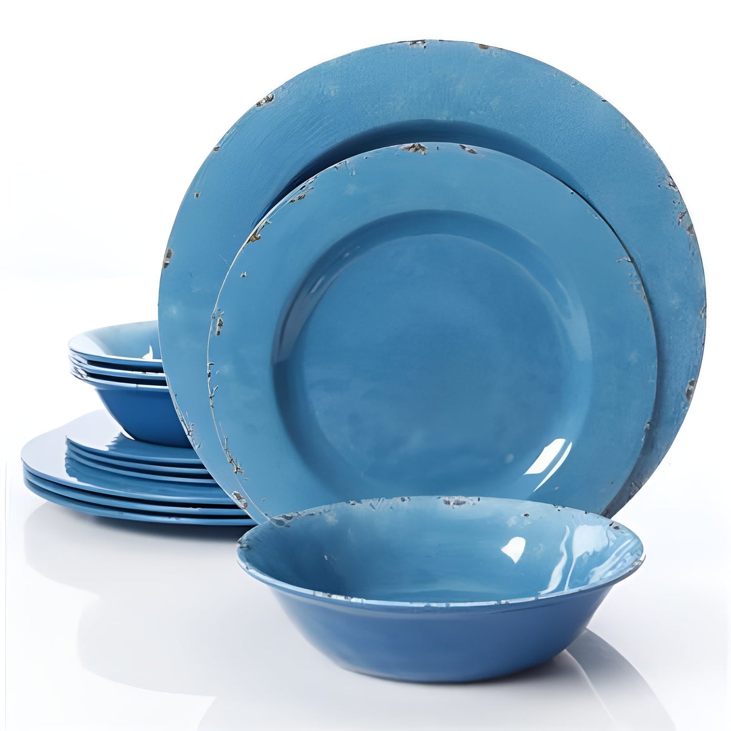 Studio California Mauna 12 Piece Melamine Dinnerware Set in Blue Crackle Look Decal