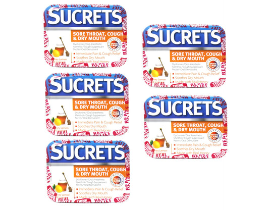 Sucrets Lozenges, Sore Throat, Caught & Dry Mouth, Cough Suppressant, Honey Lemon, 18 Count (Pack of 5)