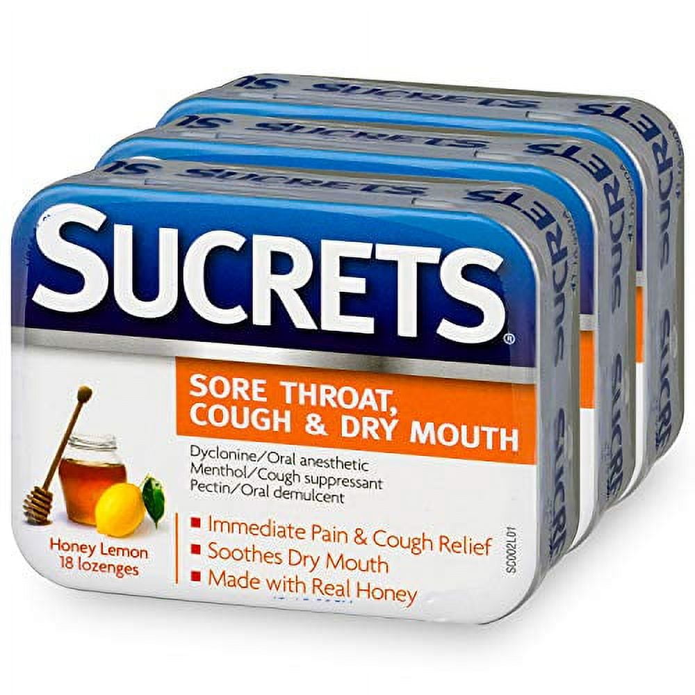 Sucrets Sore Throat, Cough & Dry Mouth Lozenges, Honey Lemon, 18 Count, Pack of 3