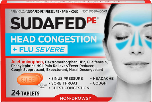 Sudafed PE Head Congestion + Flu Severe Decongestant Tablets for Adults, 24 ct