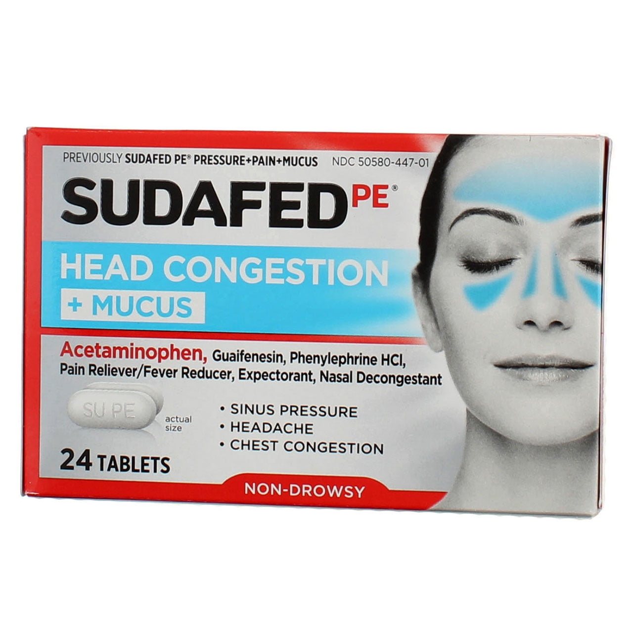 Sudafed PE Head Congestion + Mucus Relief Tablets for Sinus Pressure, Congestion, & Headache, Non-Drowsy Decongestant with Acetaminophen, Guaifenesin & Phenylephrine HCI, 24 ct (Pack of 2)