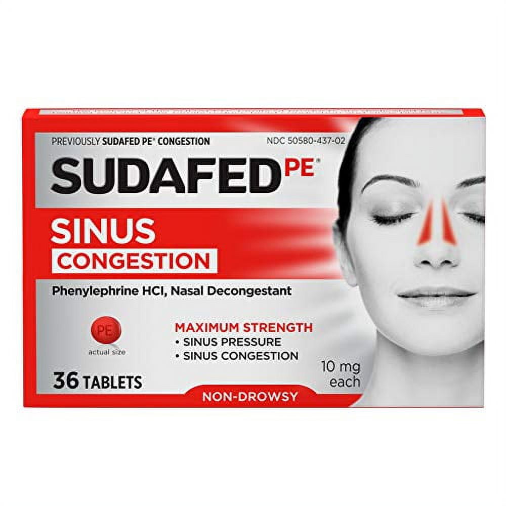 Sudafed PE Sinus Congestion Maximum Strength Non-Drowsy Decongestant Tablets, 36 ct