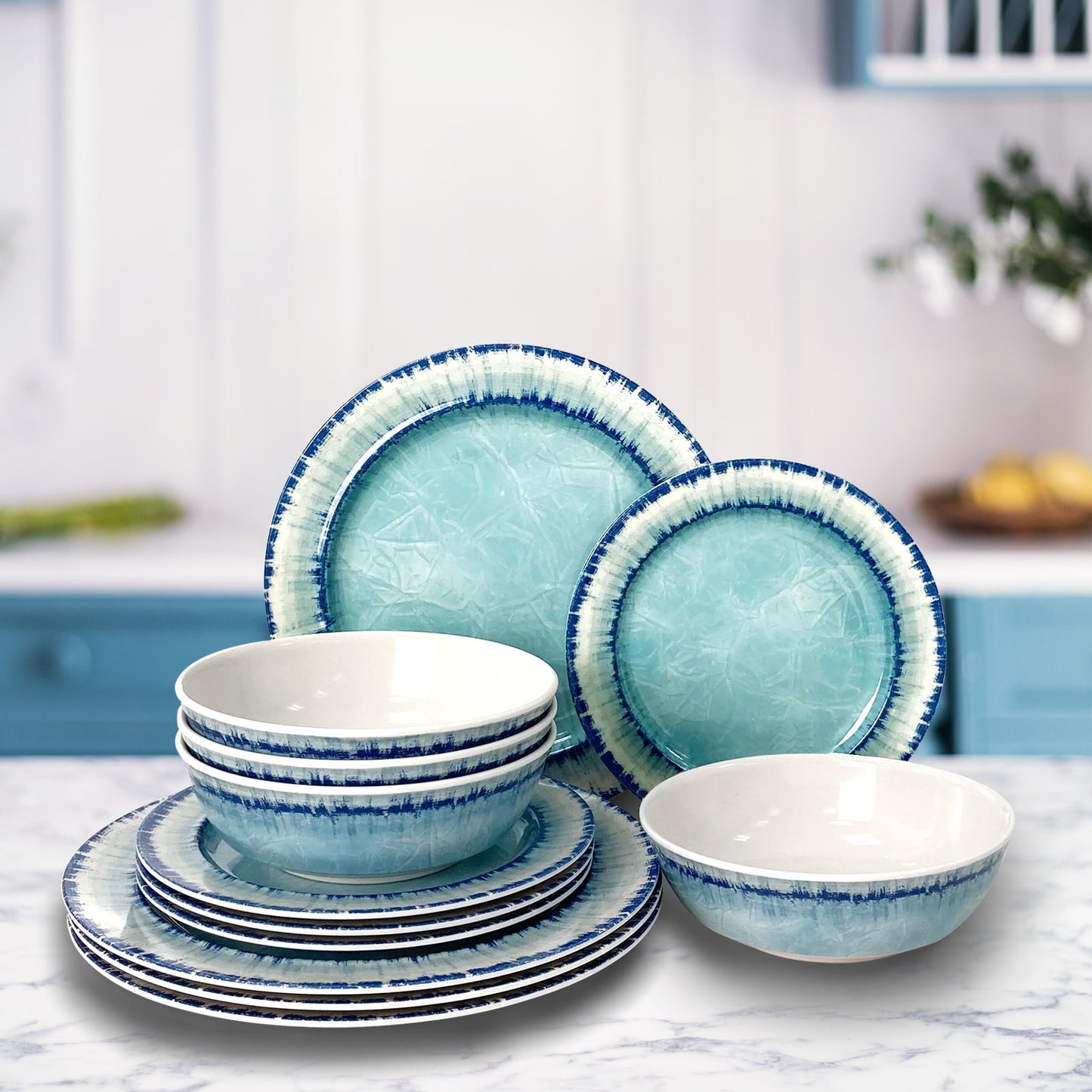 Sunlit Melamine Dinnerware Set of 12 Pcs Dinner Dishes Set for Indoor and Outdoor Use, Dishwasher Safe, Lightweight Unbreakable, BPA Free, Light Blue