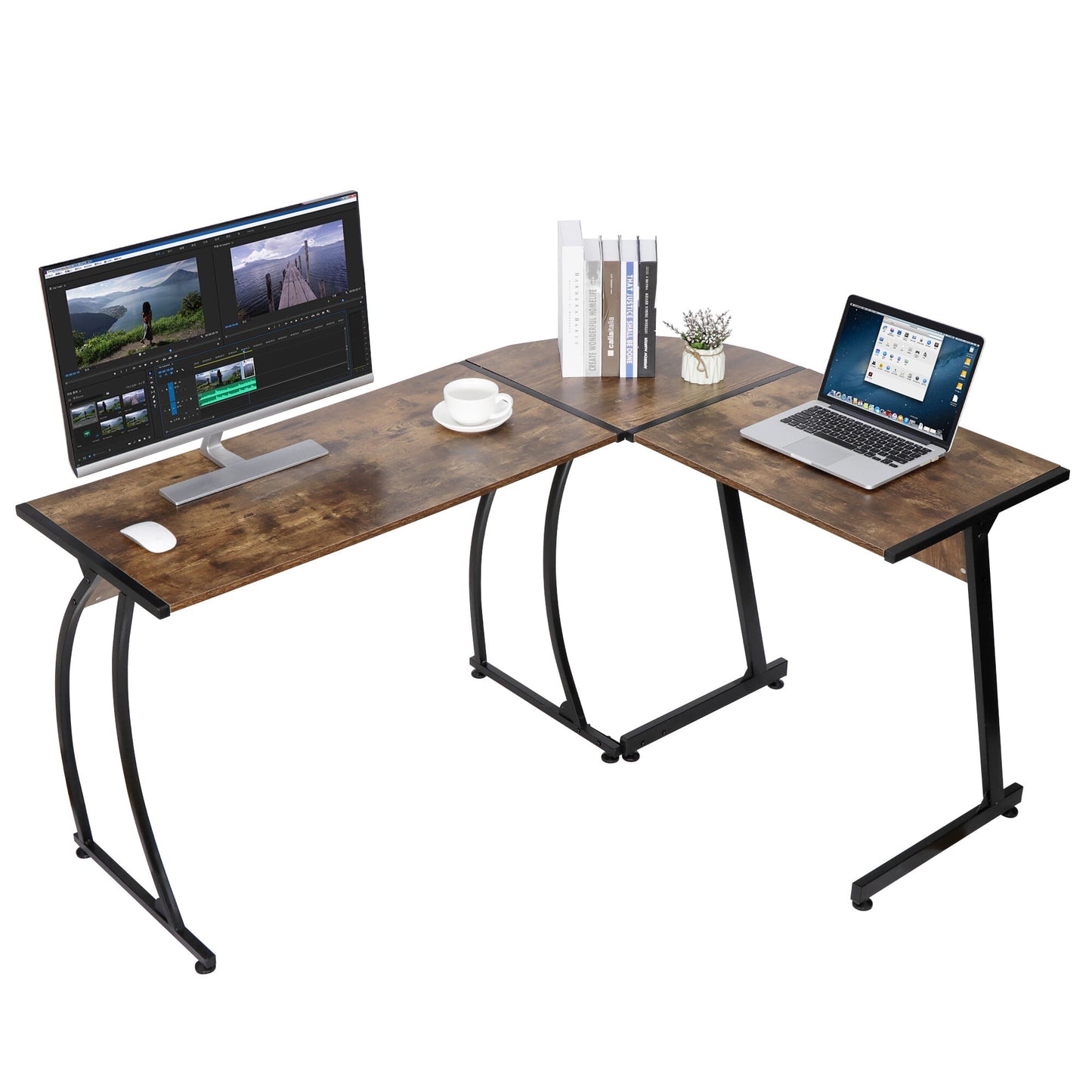 SuperDeal 58" L-Shaped Computer Desk Ergonomic Corner Workstation, Brown