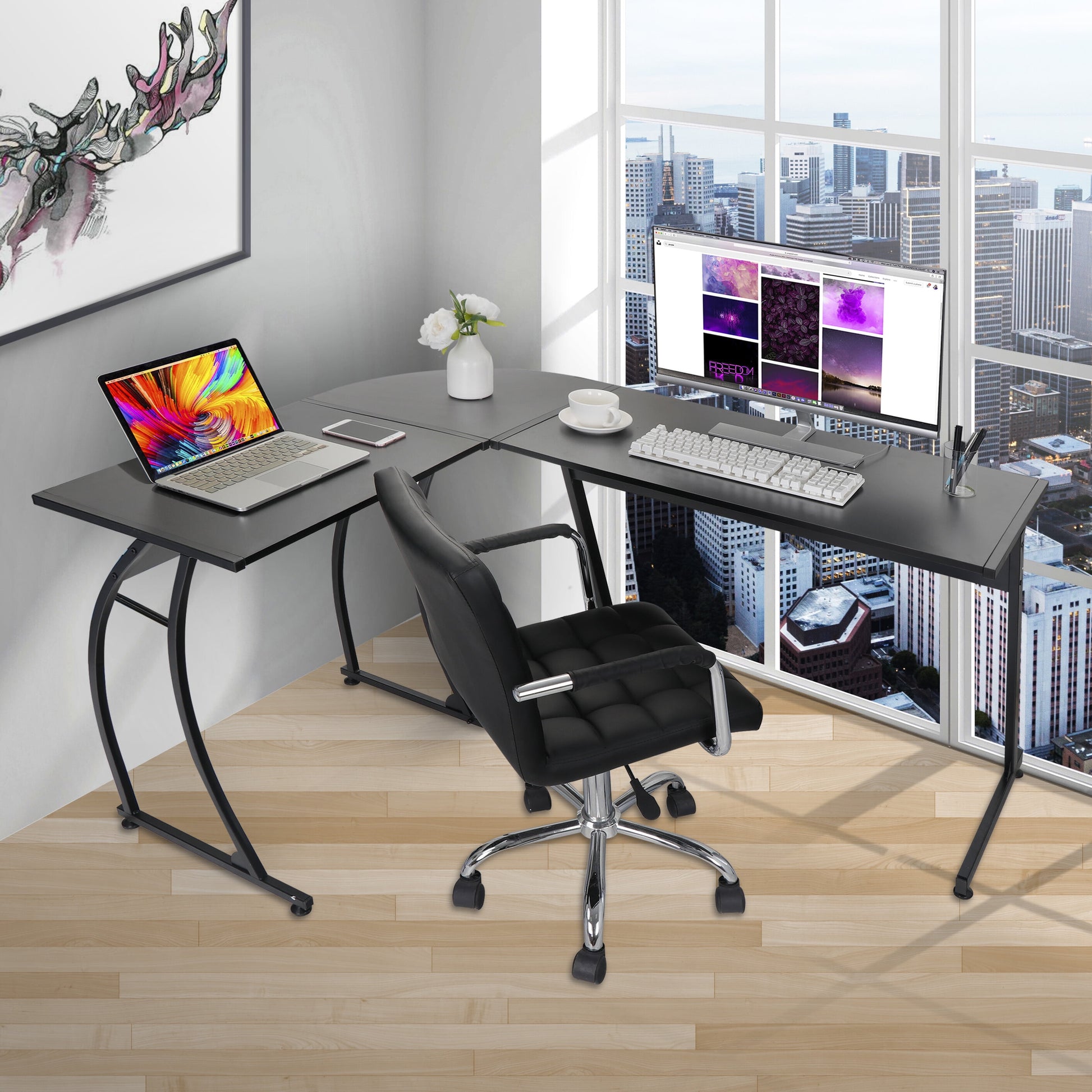 SuperDeal 58" L-Shaped Computer Desk Two-Way Setup Corner Table Black Powder Coating