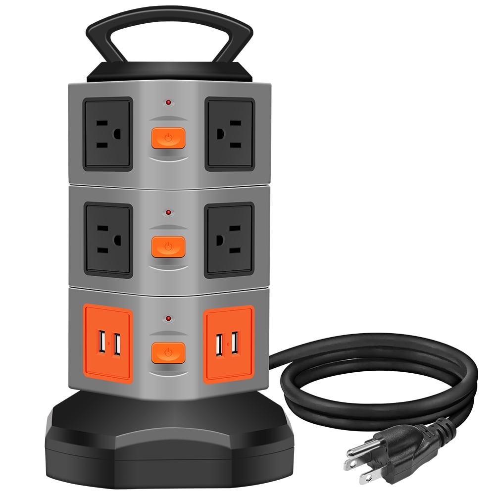 Surge Protector Power Strip, Costech Safety Universal Electric Charging Station; with 10 Outlets 4 USB/Rotating Tower/ 6 feet Cord Wire Extension Power Strip Tower (10 Outlets 4 USB)