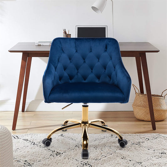 Swivel Shell Office Chair Shell Shape, Modern Velvet Tufted Upholstered Desk Chair with Tufted Back and Gold Base, Adjustable Height Task Chair with Wheels for Living Room Bedroom Office, Navy