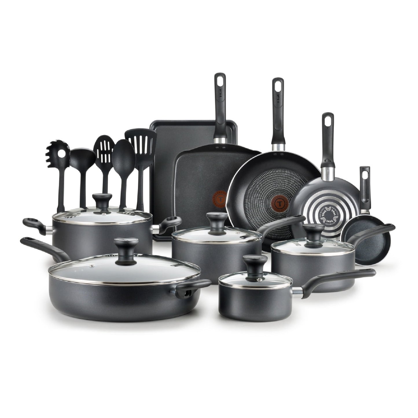 T-fal Easy Care, 20 Piece Non-Stick Pots and Pans Cookware Set, Grey