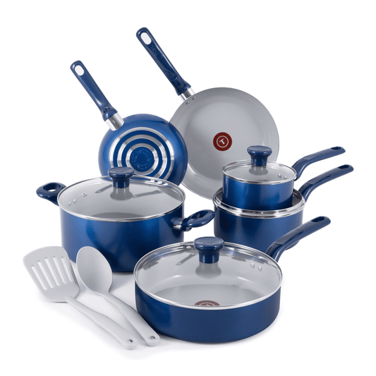 T-fal Easy Care Ceramic Non-Stick, 12 Piece Pots and Pans Cookware Set, Blue