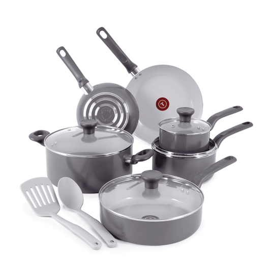 T-fal Easy Care Ceramic Non-Stick, 12 Piece Pots and Pans Cookware Set, Grey