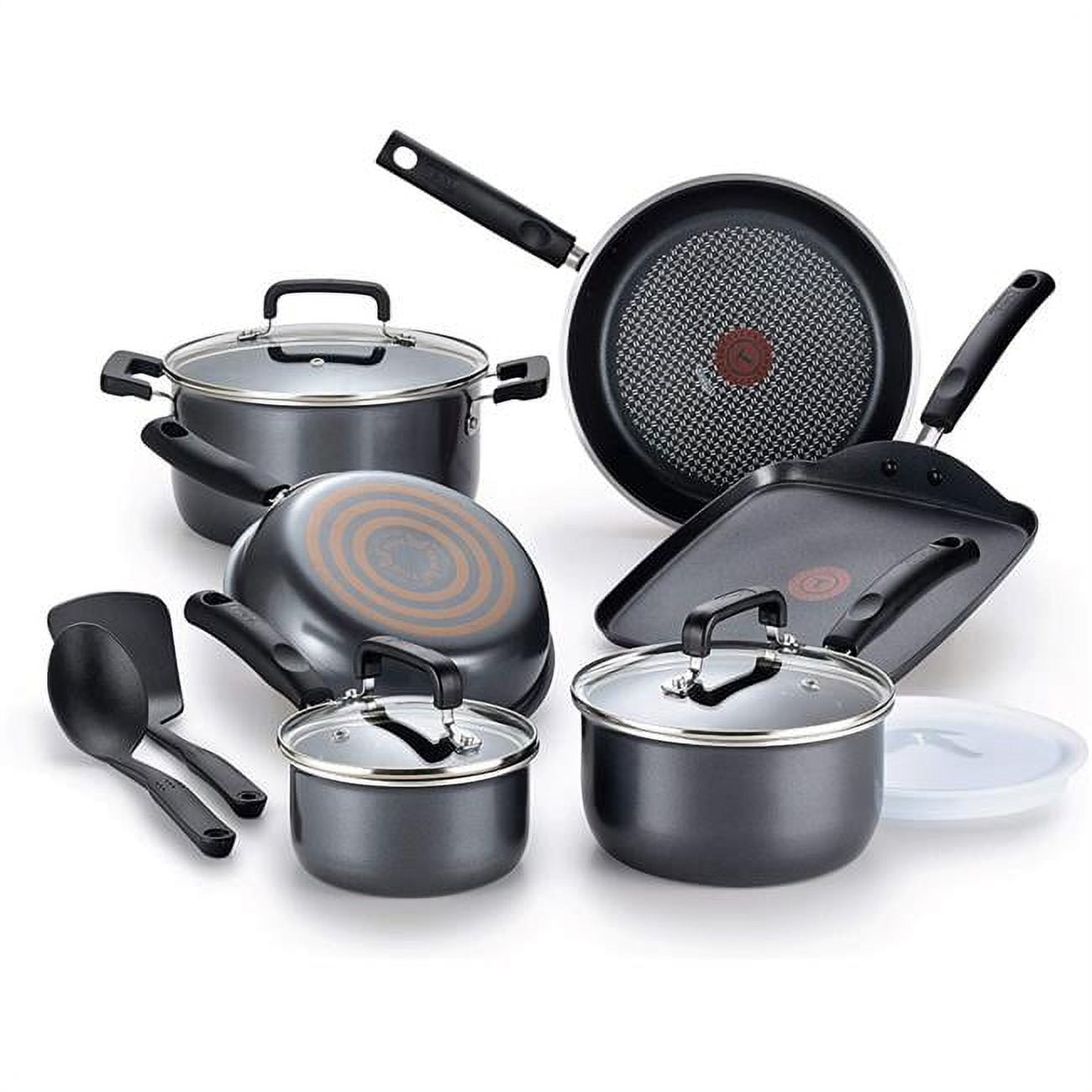 T-fal Signature Non-Stick Cookware, 12 Piece Pots and Pans Cookware Set, Grey