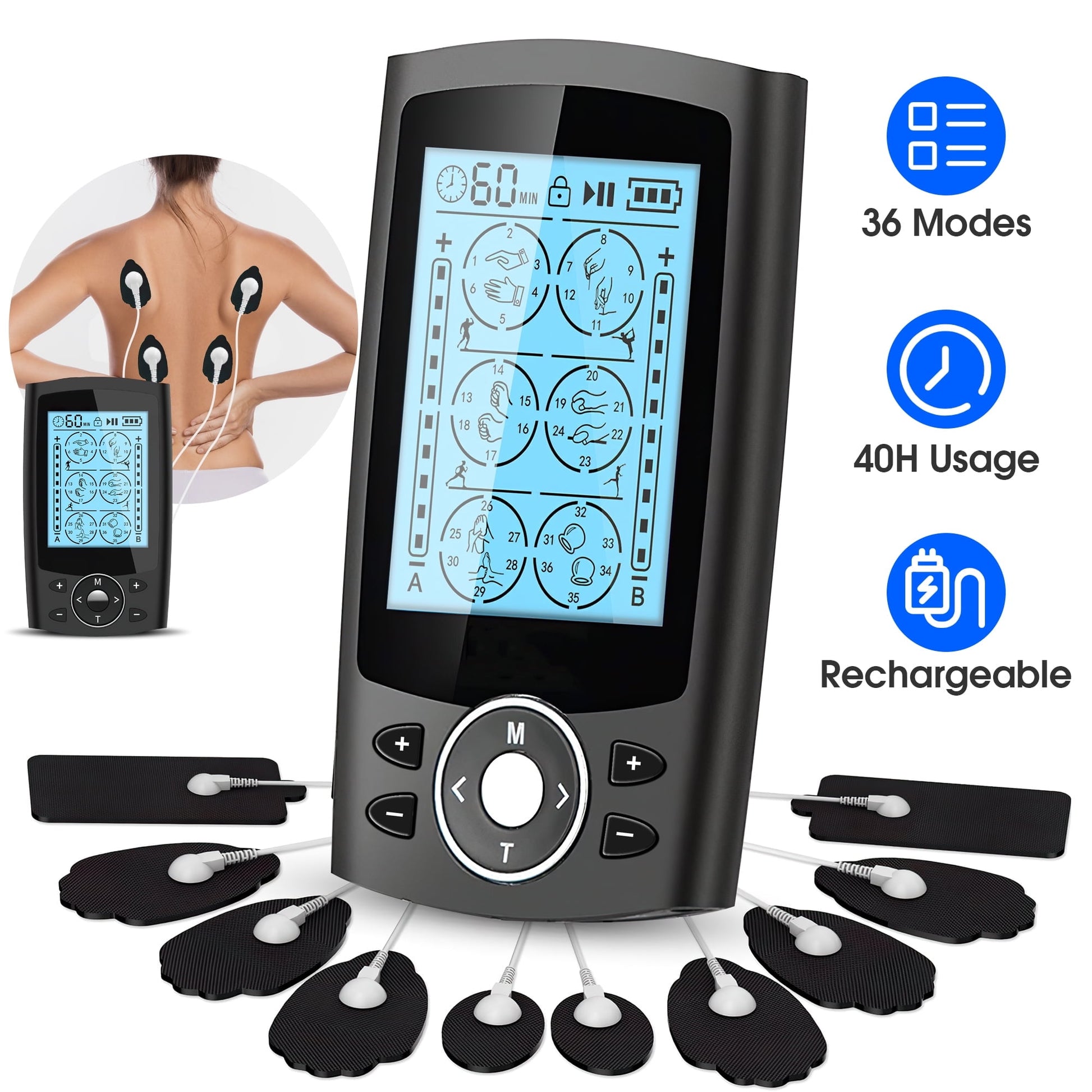 Ifanze TENS Unit Rechargeable Muscle Stimulator EMS Dual Channel with 10 Reusable Electrode Pads 24 Modes for Back Neck Pain Muscle Therapy Pain Management Pulse Massager,Black