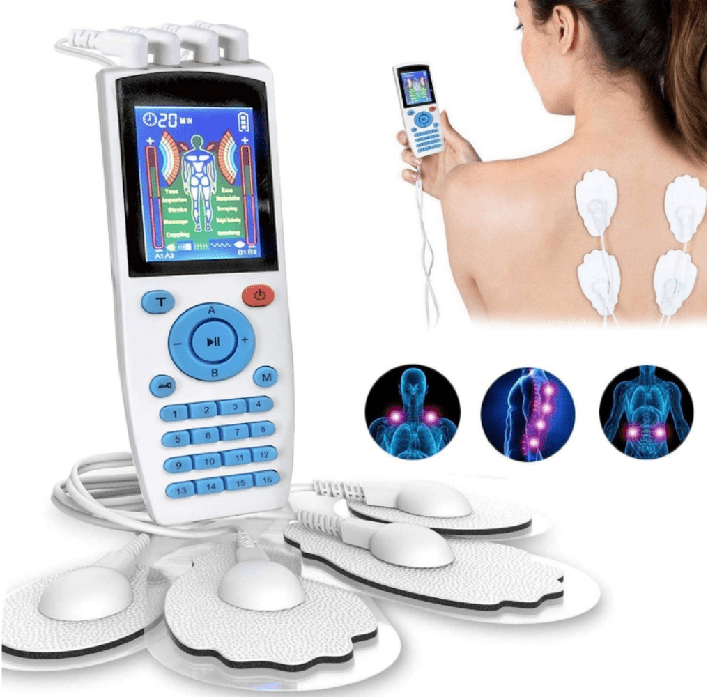 TENS Unit Rechargeable Muscle Stimulator EMS Quad Channel with 10 Reusable Electrode Pads 16 Modes 20 Intensities for Back Neck Pain Muscle Therapy Pain Management Pulse Massager