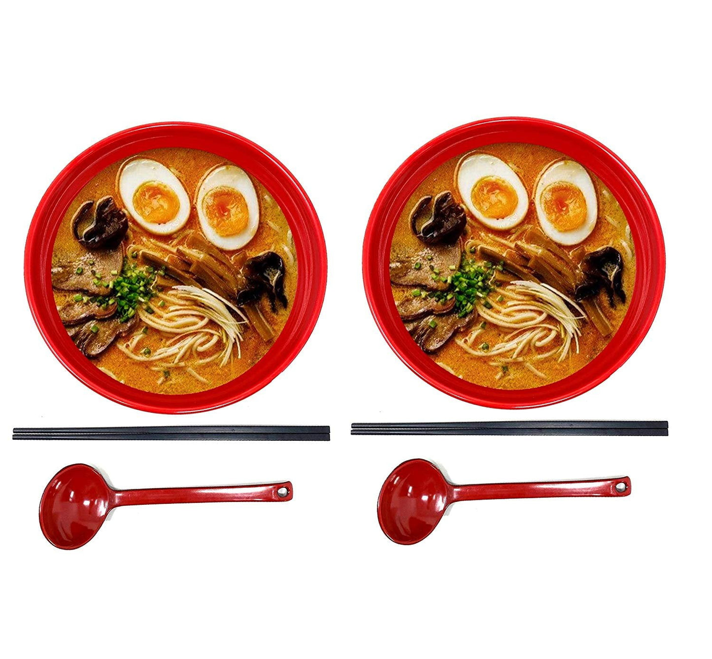 TJ Global 48 Ounce Red and Black Large Melamine Japanese Ramen Noodle Soup Bowl Set Hard Plastic Dishware for Udon Soba Pho Asian Noodles - D8" x H4", Comes with chopsticks and spoons (2 Sets)